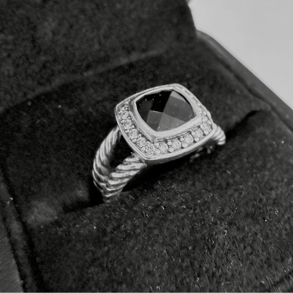 David Yurman Petite Albion Black Onyx/Diamond 925 Silver Ring 7mm stone sz 5.5-6 - Picture 2 of 5